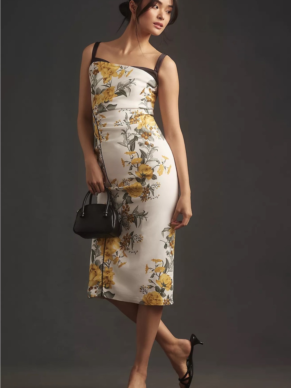 Anthropologie White Sheath Midi Dress with Yellow Floral Print size 0